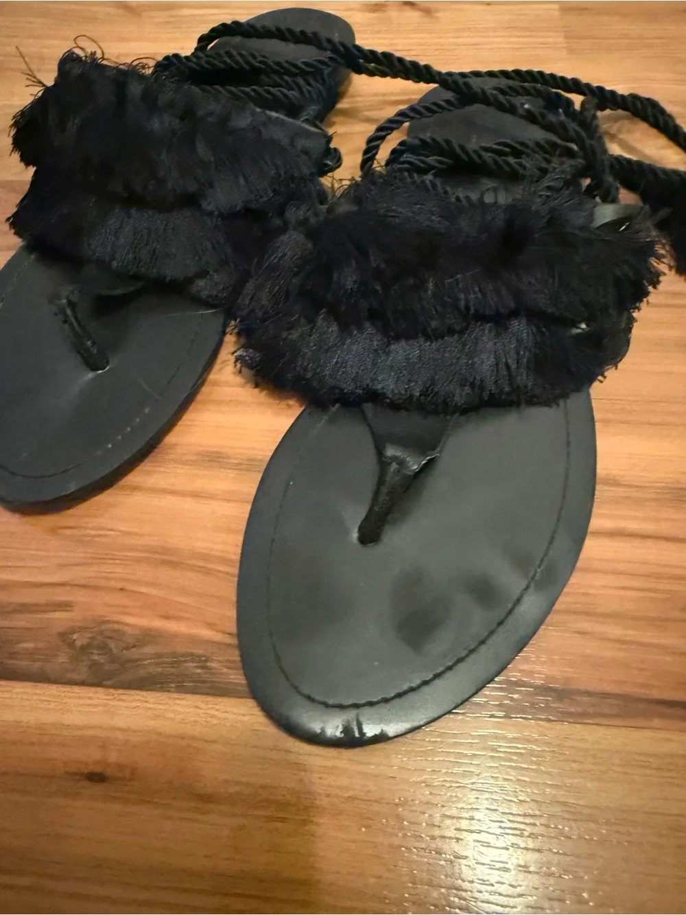 Zara Black Fringe Tie-Up Sandals - Picture 5 of 9